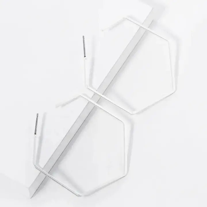 Silver 40mm Skinny Hexagon Open Hoop Earrings