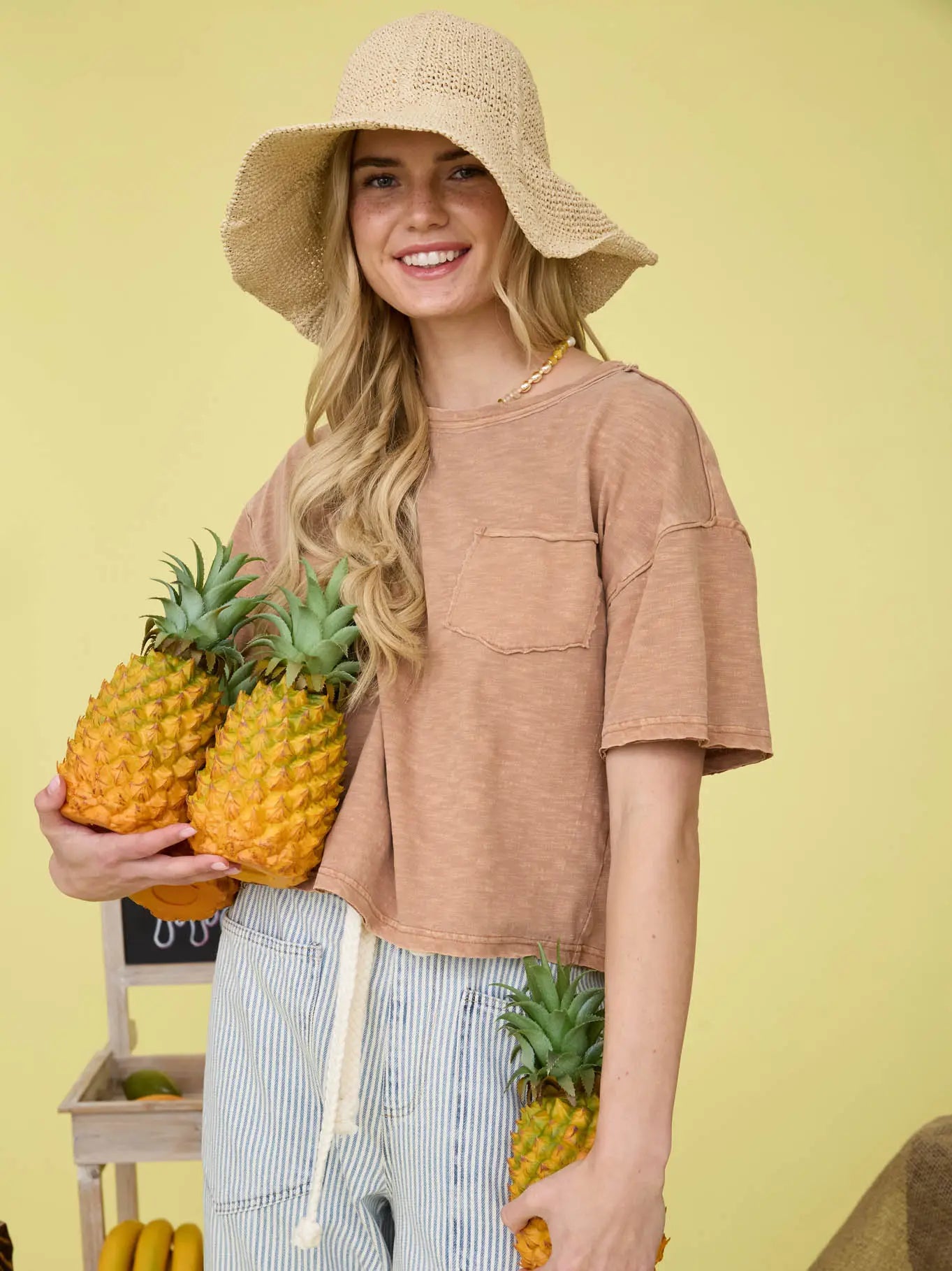 Cappicino Raw Edge Exposed Seam Short Sleeve Knit Crop Top