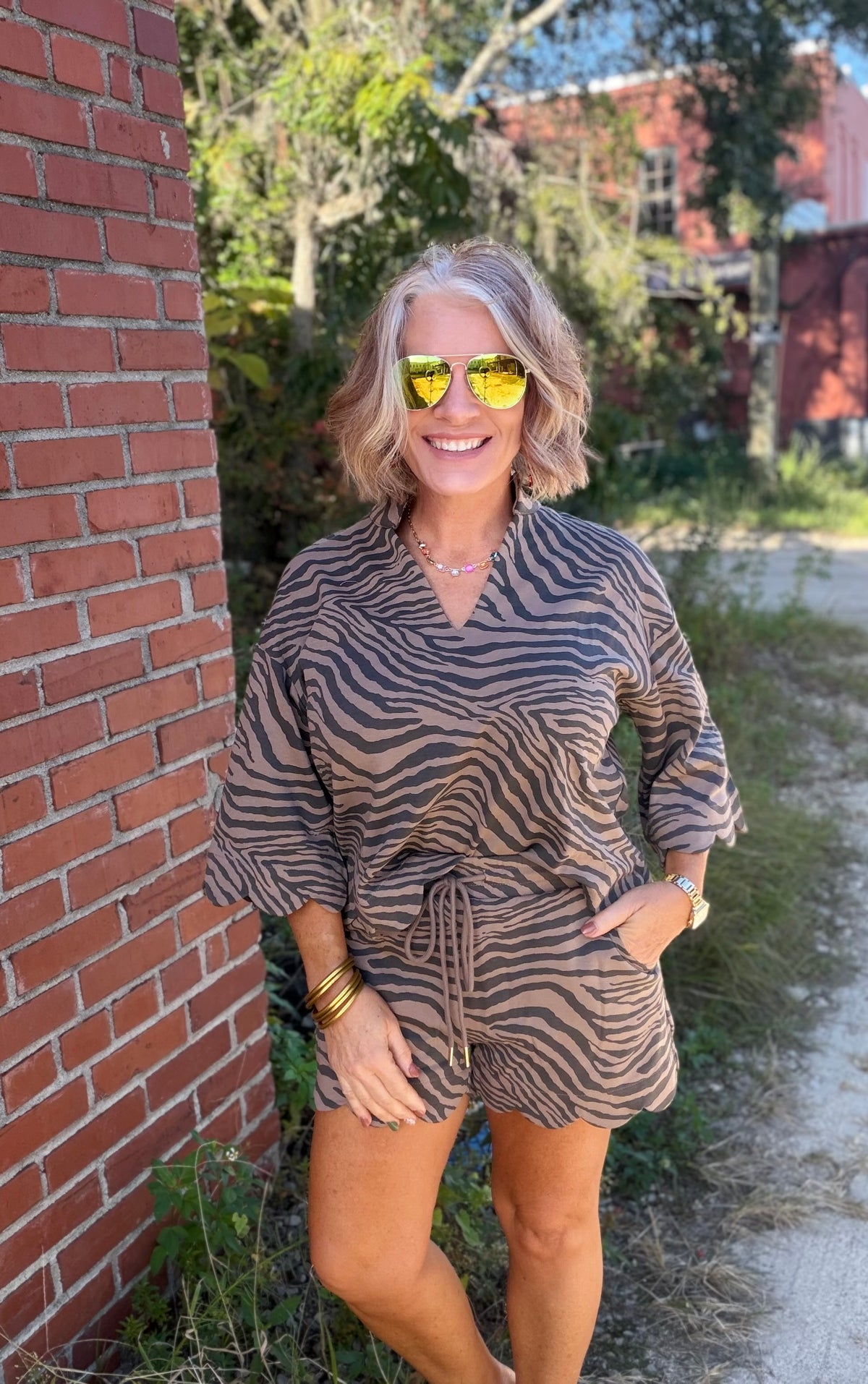 Mocha Zebra Print Scalloped Shorts Set