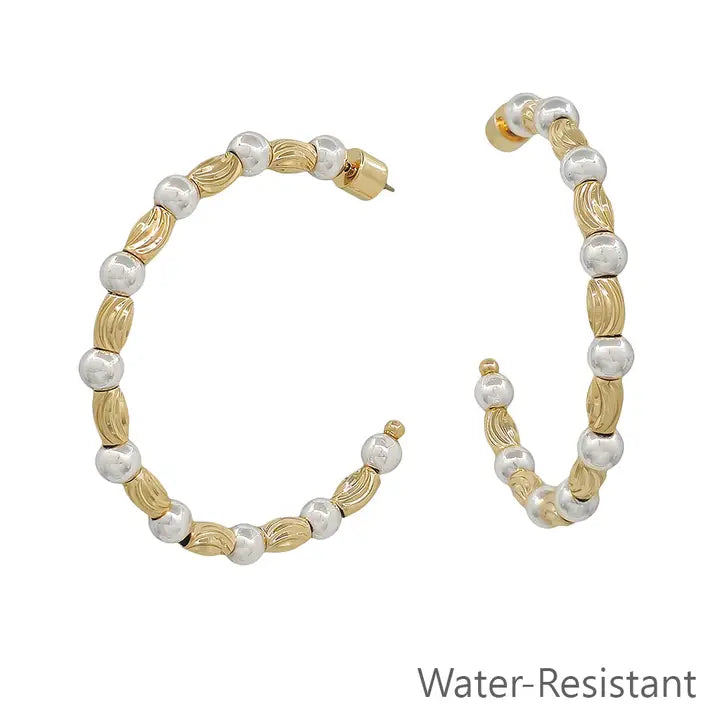 Gold and Silver Textured Oval and Beaded 2" Hoop Earring