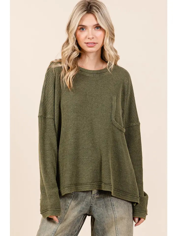 Olive Mineral Wash Cutout Pocket Long Sleeve Waffle Top