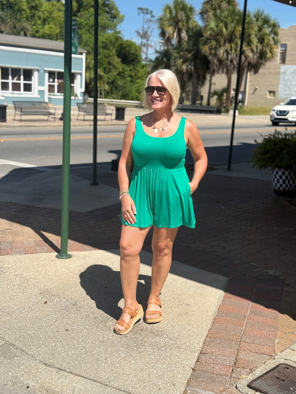Kelly Green Double Layered Tank Romper w/ Pockets