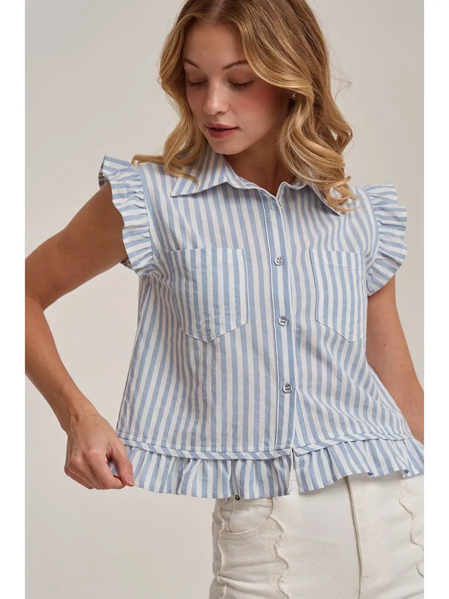Blue Stripe Button Front Sleeveless Blouse Top