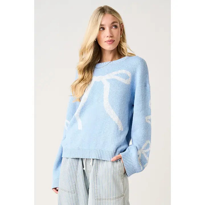 Sky Blue Coquette Bow Wide Sleeve Slub Knit Sweater