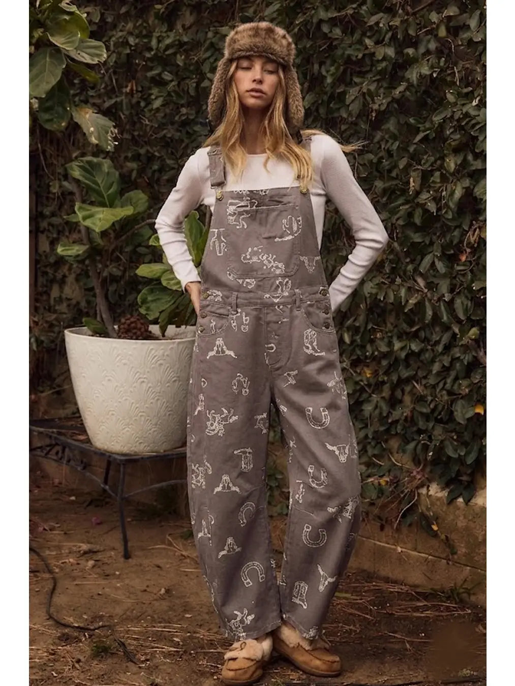 Washed Brown Cowboy Motif Printed Overall