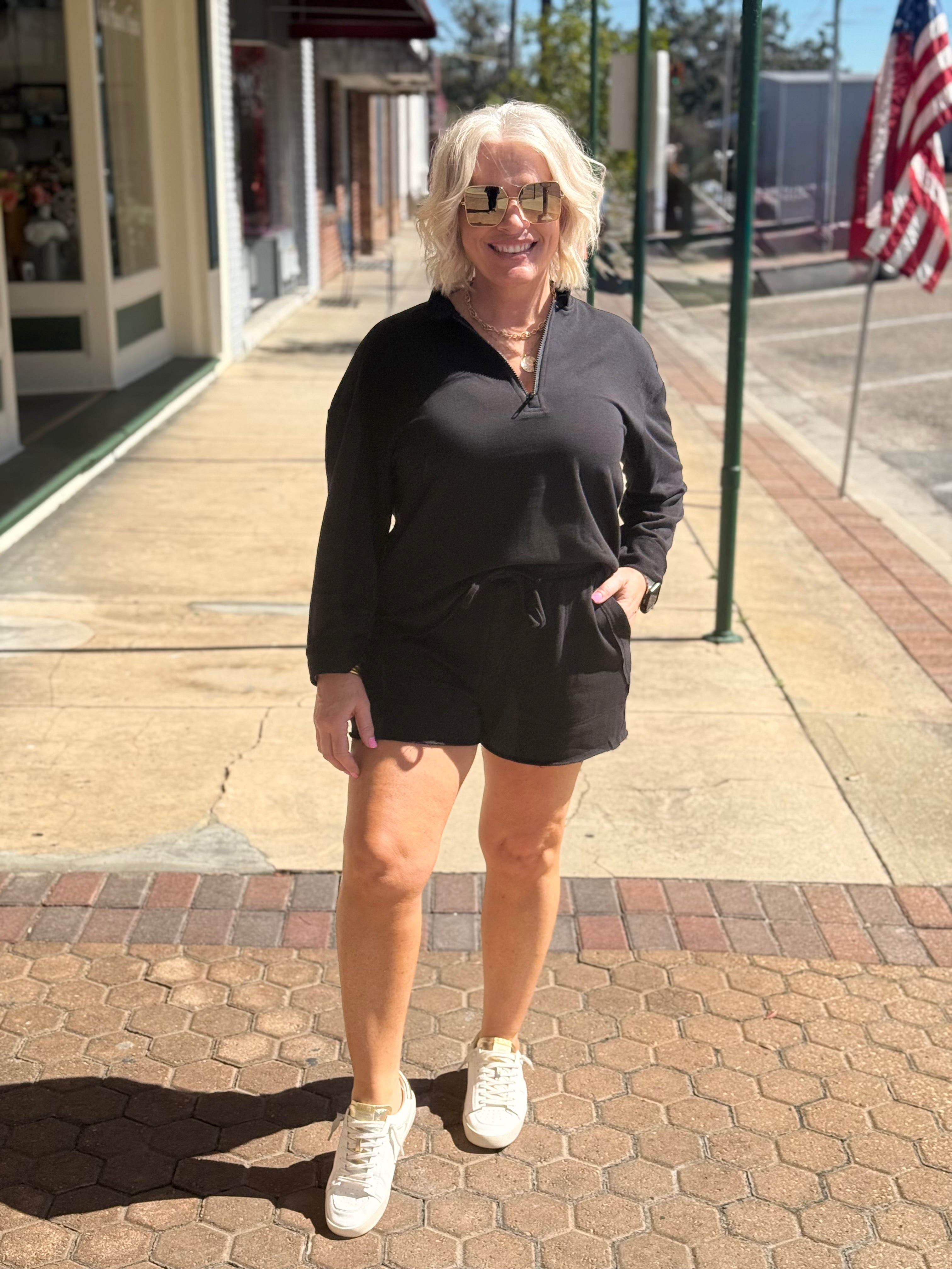 Offset Raw Edge Half-Zip Set in Black