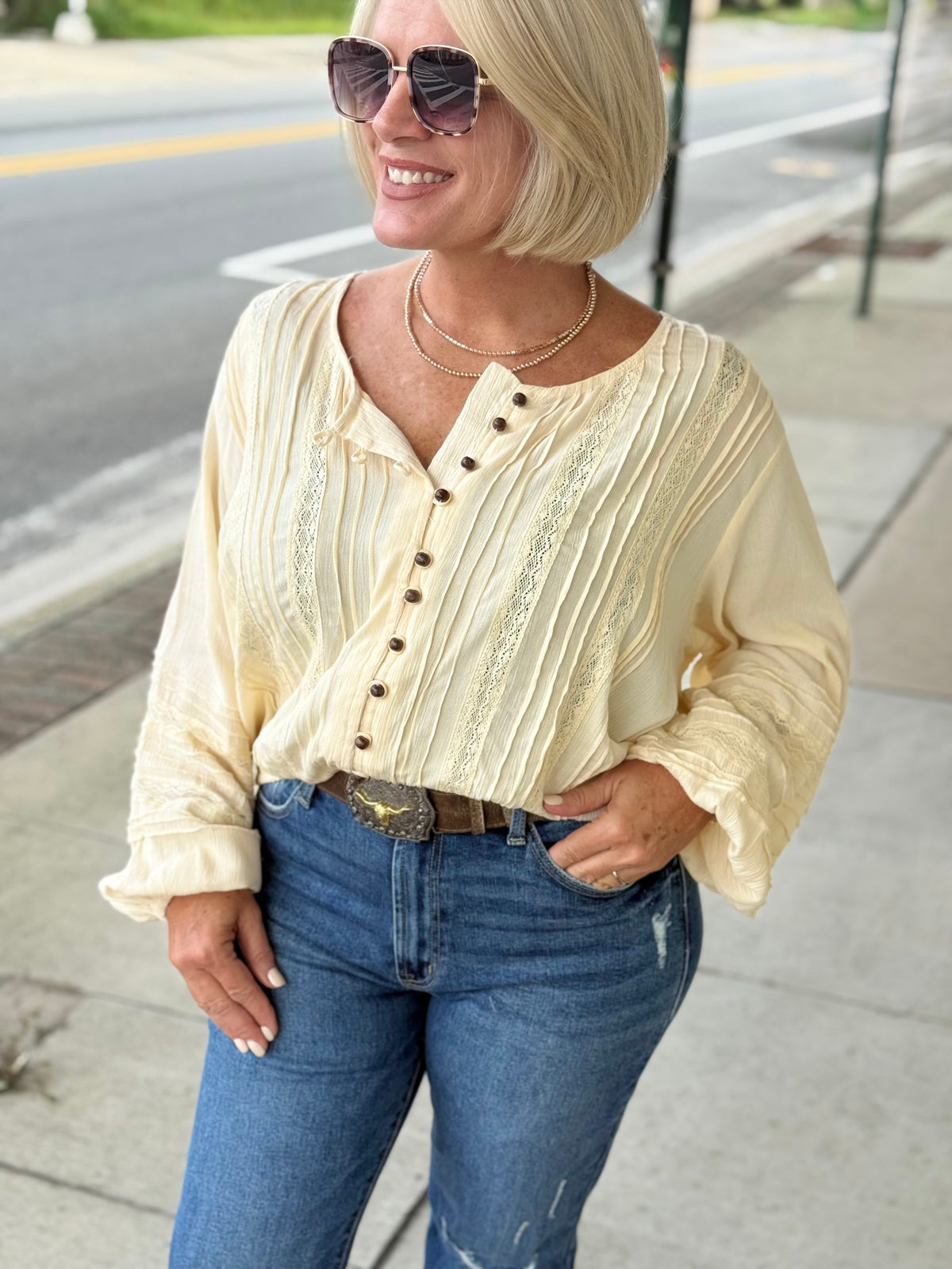 Ivory Lace Trims Button Front Long Sleeve Blouse