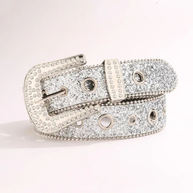 1.5 in Fashionable Sequin Belt with Rhinestone Buckle