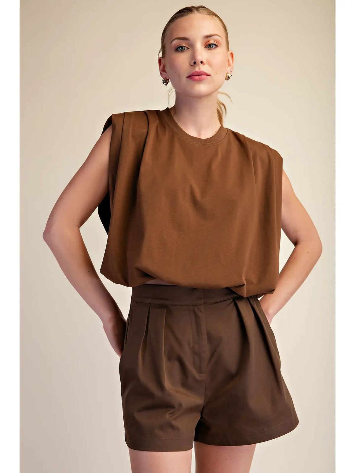 Brown Shoulder Pad Balloon Top