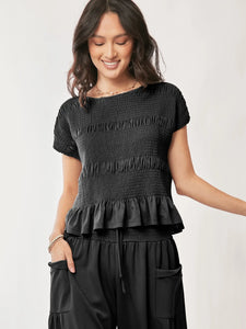 Ruffle Cap Sleeve Top and Waistband Pants Set