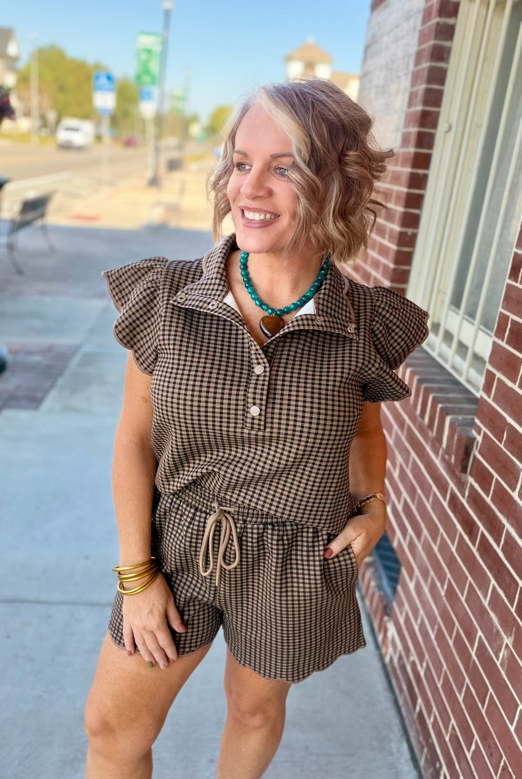 Black and Tan Gingham Ruffle Shirt and Shorts Set With Scallop Detailing