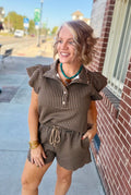 Black and Tan Gingham Ruffle Shirt and Shorts Set With Scallop Detailing