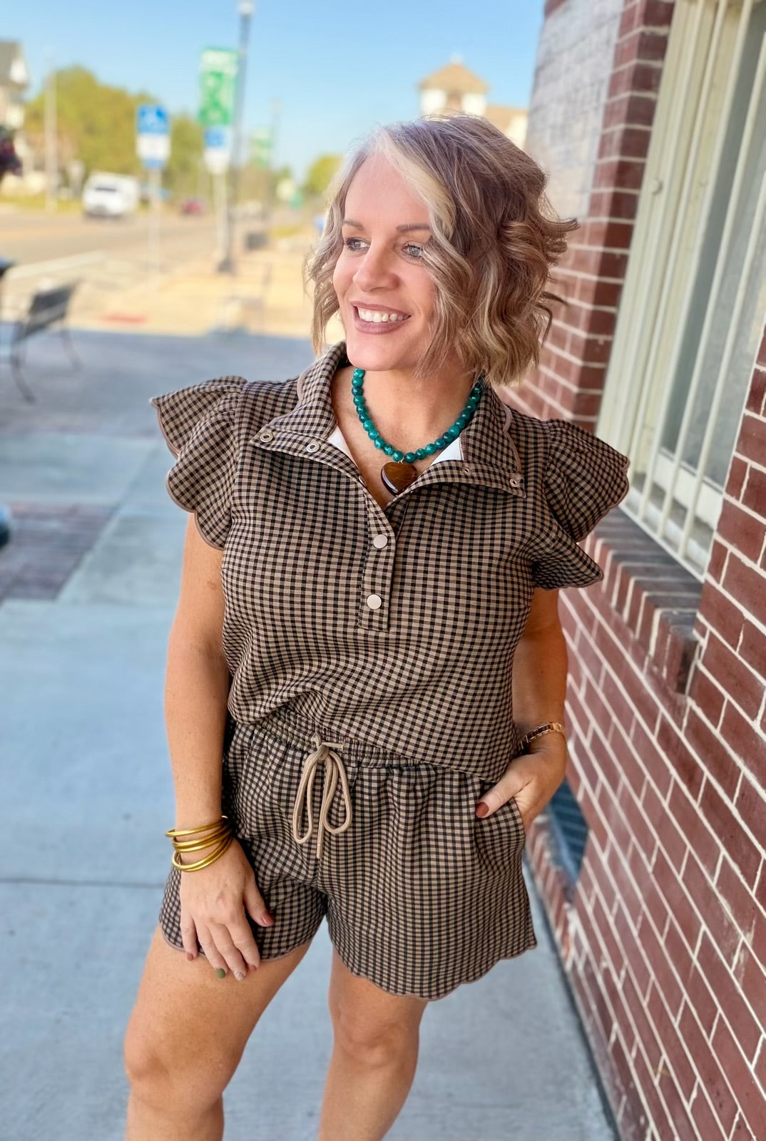 Black and Tan Gingham Ruffle Shirt and Shorts Set With Scallop Detailing