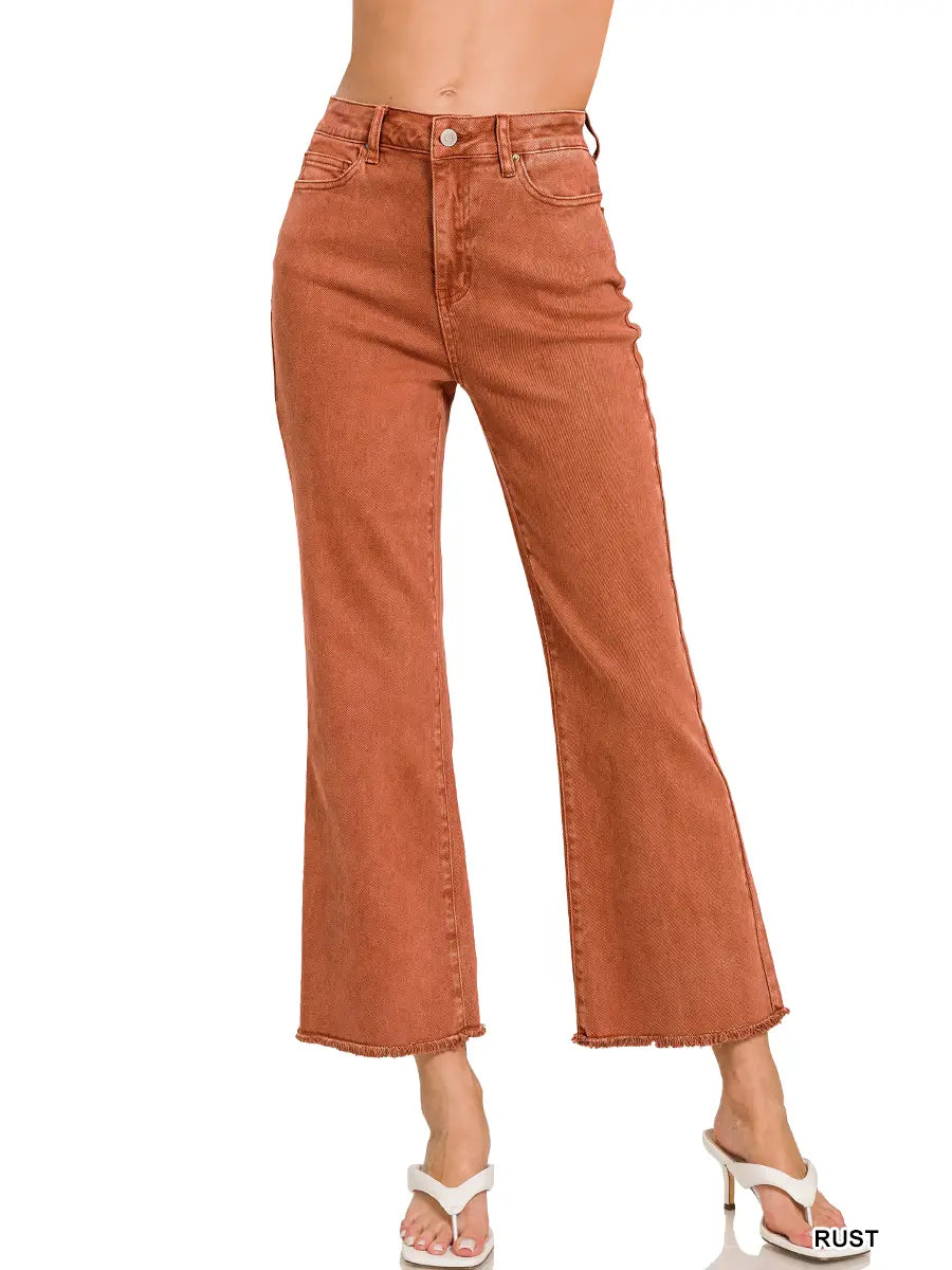 Rust Acid Wash High Waist Frayed Hem Bootcut Denim Pants (S-XL)