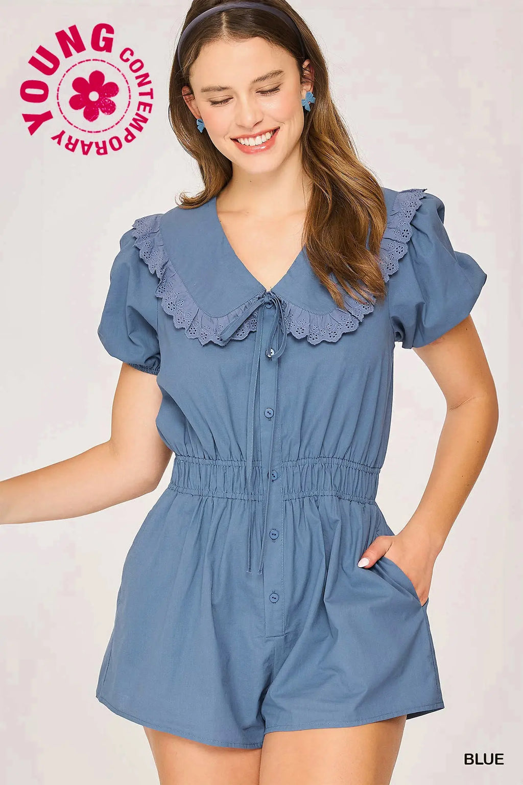 Collared Short Sleeve Romper in Blue