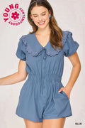 Collared Short Sleeve Romper in Blue