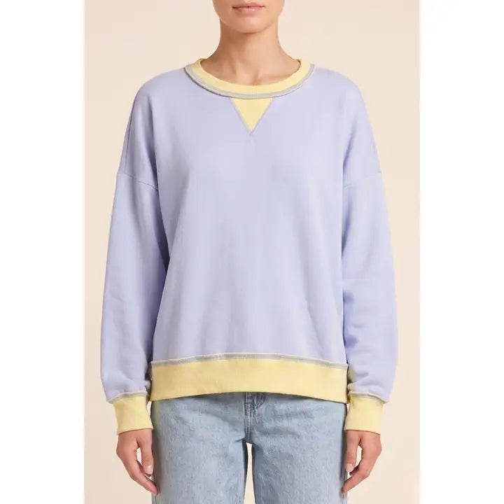 Sky blue long sleeve pullover top with lighter contrast trim, featuring a round neckline and relaxed fit.