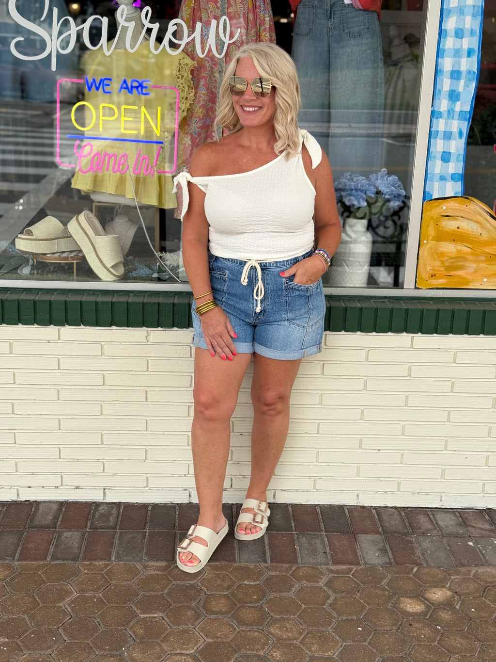 Ivory One Shoulder Off Tie Shoulder Side Ruched Textured Knit Top