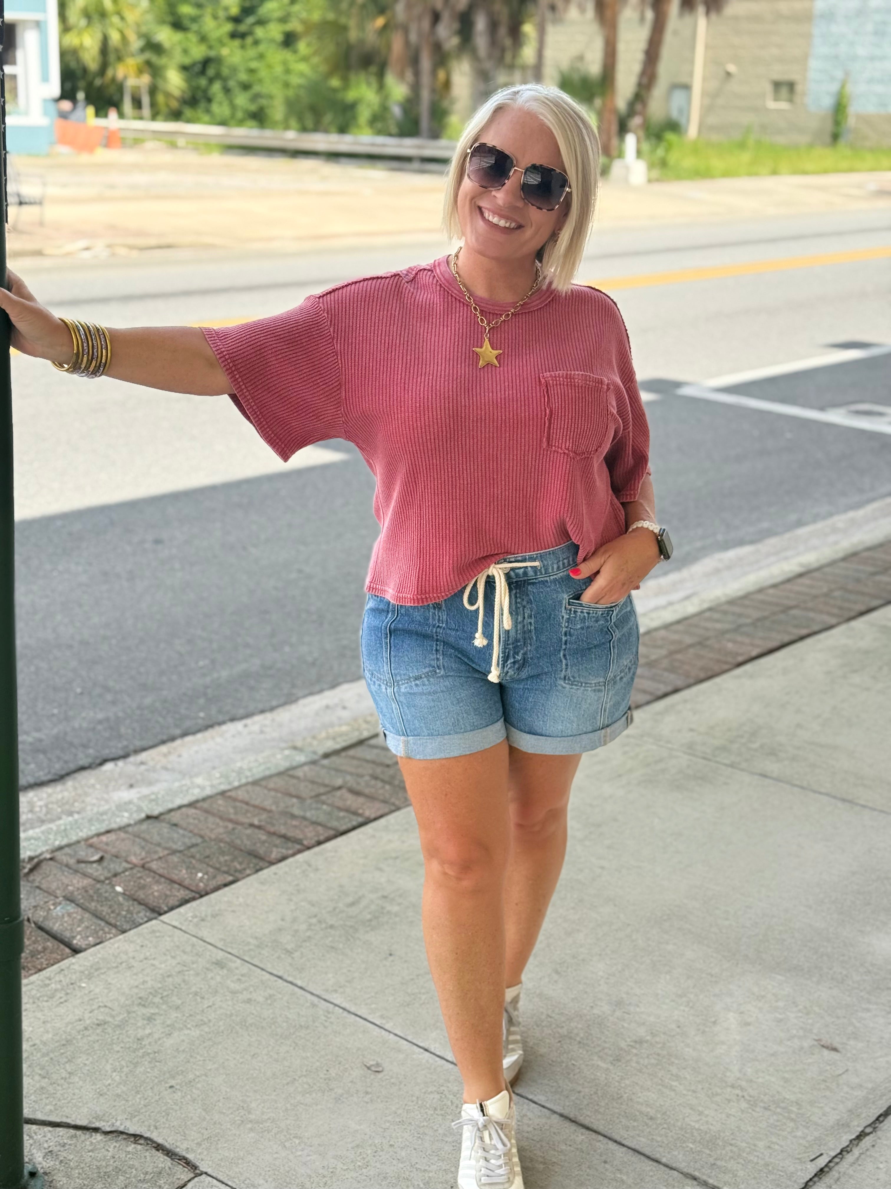 Mineral Wash Waffle Crew Neck Short Sleeve Top in Dark Red
