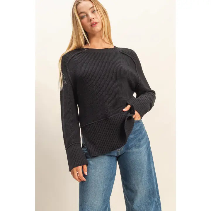 Raglan Long Sleeve Side Slit Sweater in Black