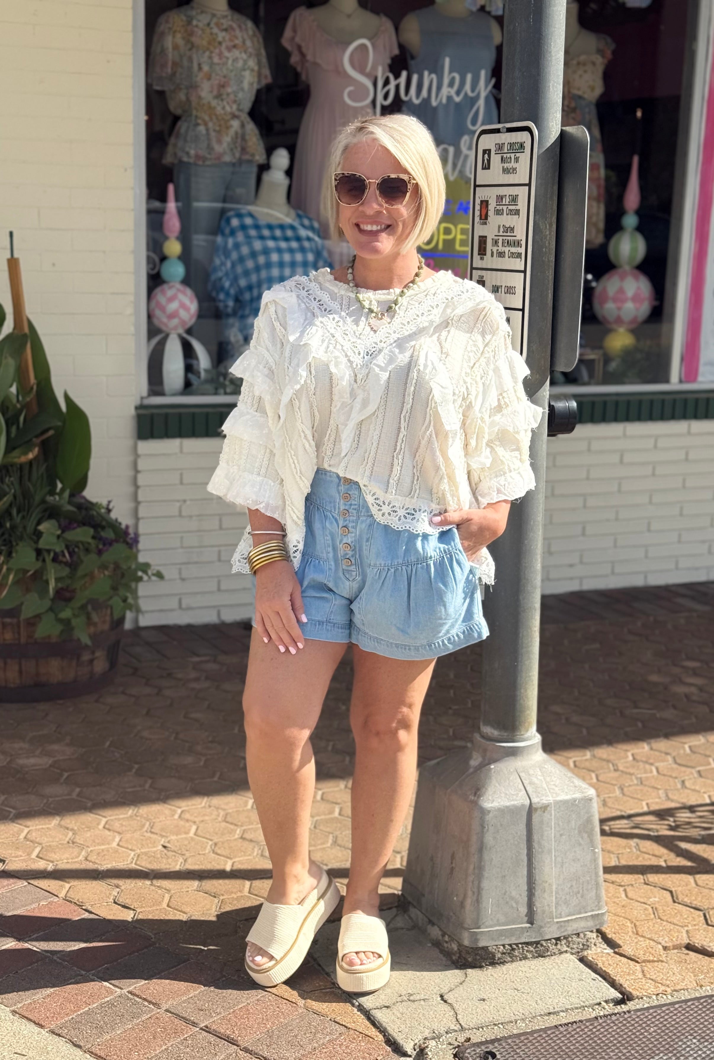 Eyelet Ruffle Raw Edge Trim Lace Solid Knit Top