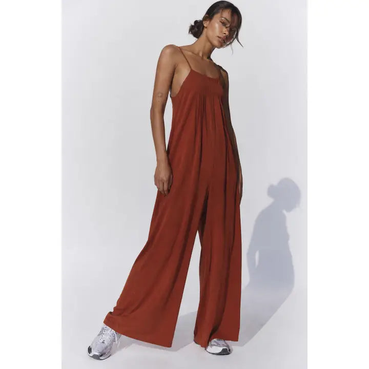 Faded Rust Pleated Woven Spaghetti Strap Jumpsuit