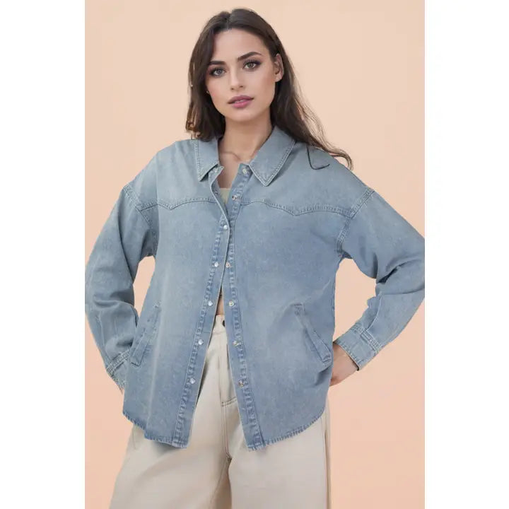 Oversized Washed Denim Long Sleeve Top