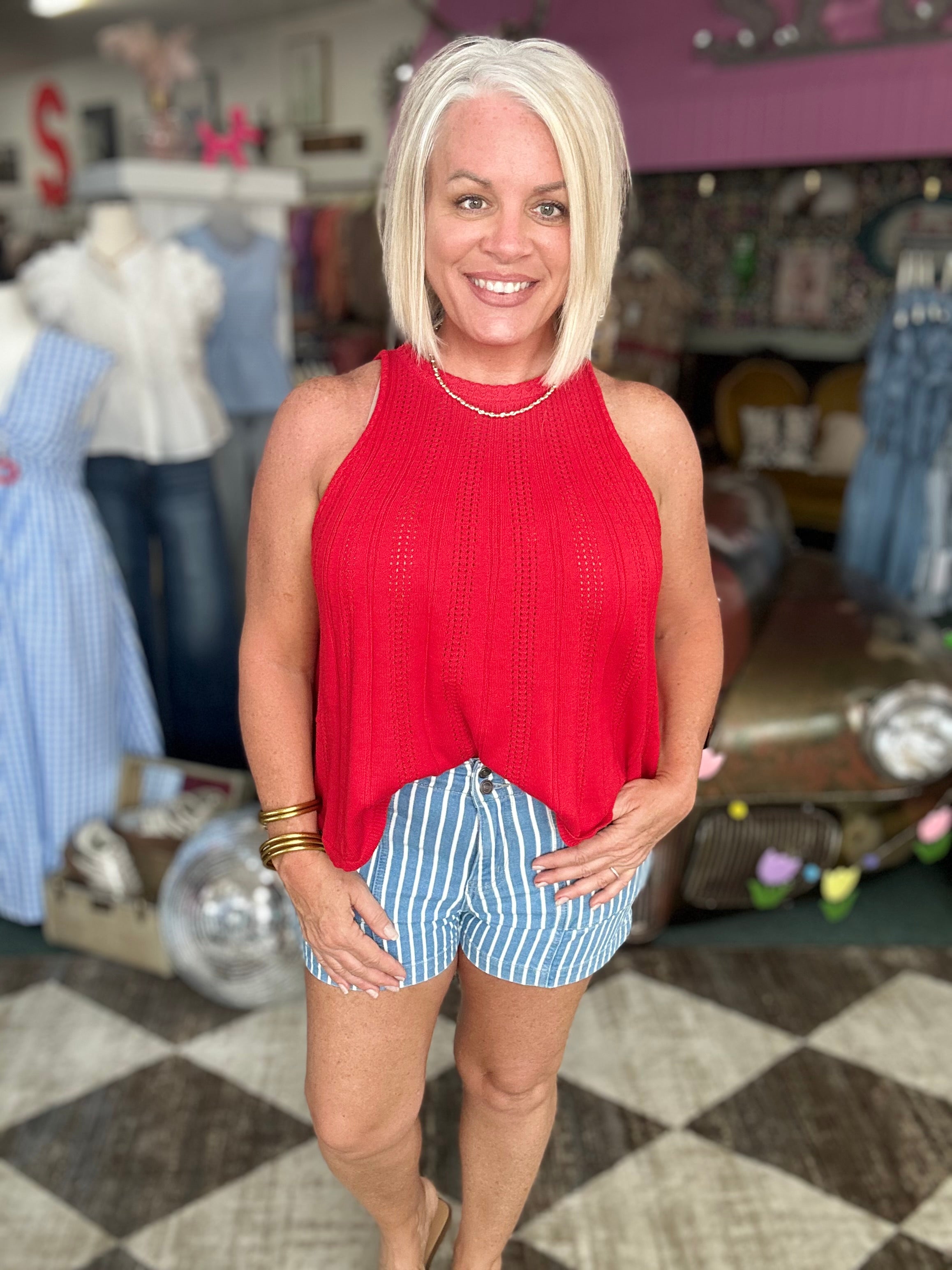 Poppy Red Sleeveless Pointelle Sweater Knit Tank