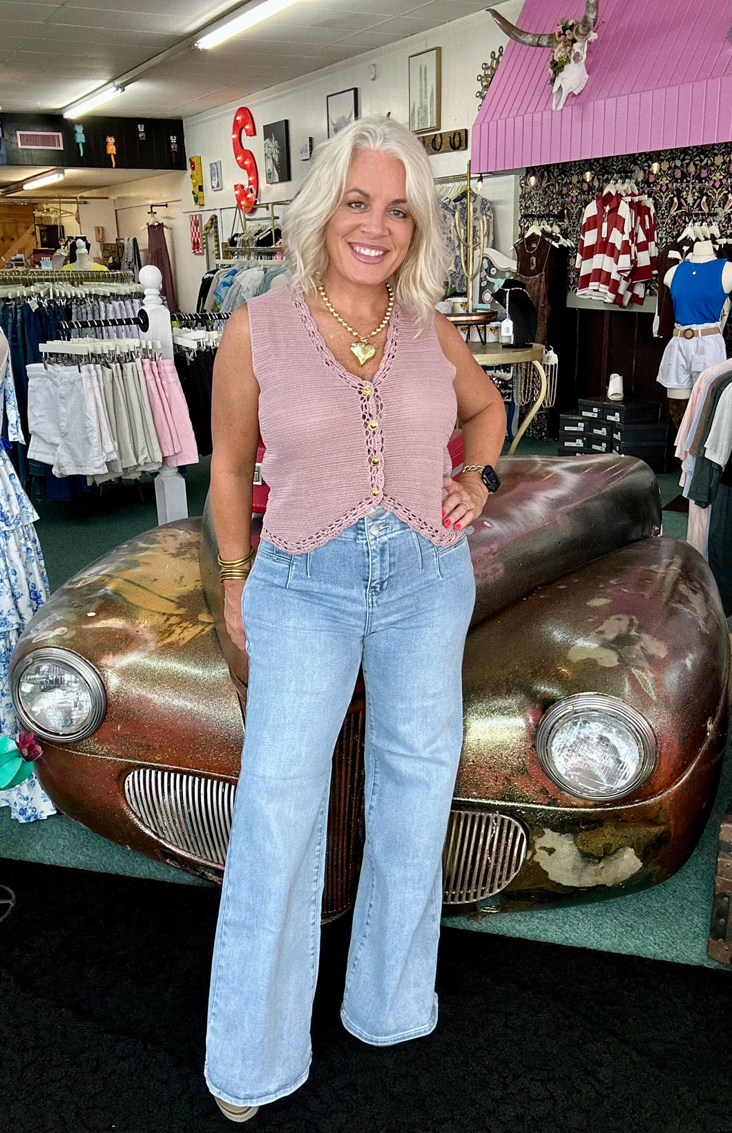Risen High Rise Wide Front & Back Dart Waist Jeans