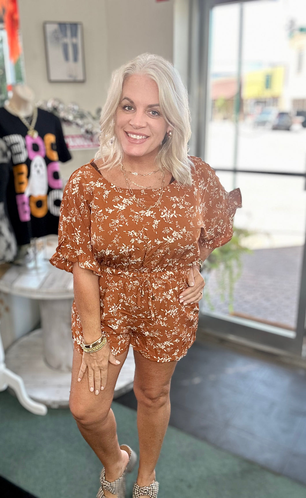 COGNAC Flutter Sleeves with Tie-Back Romper