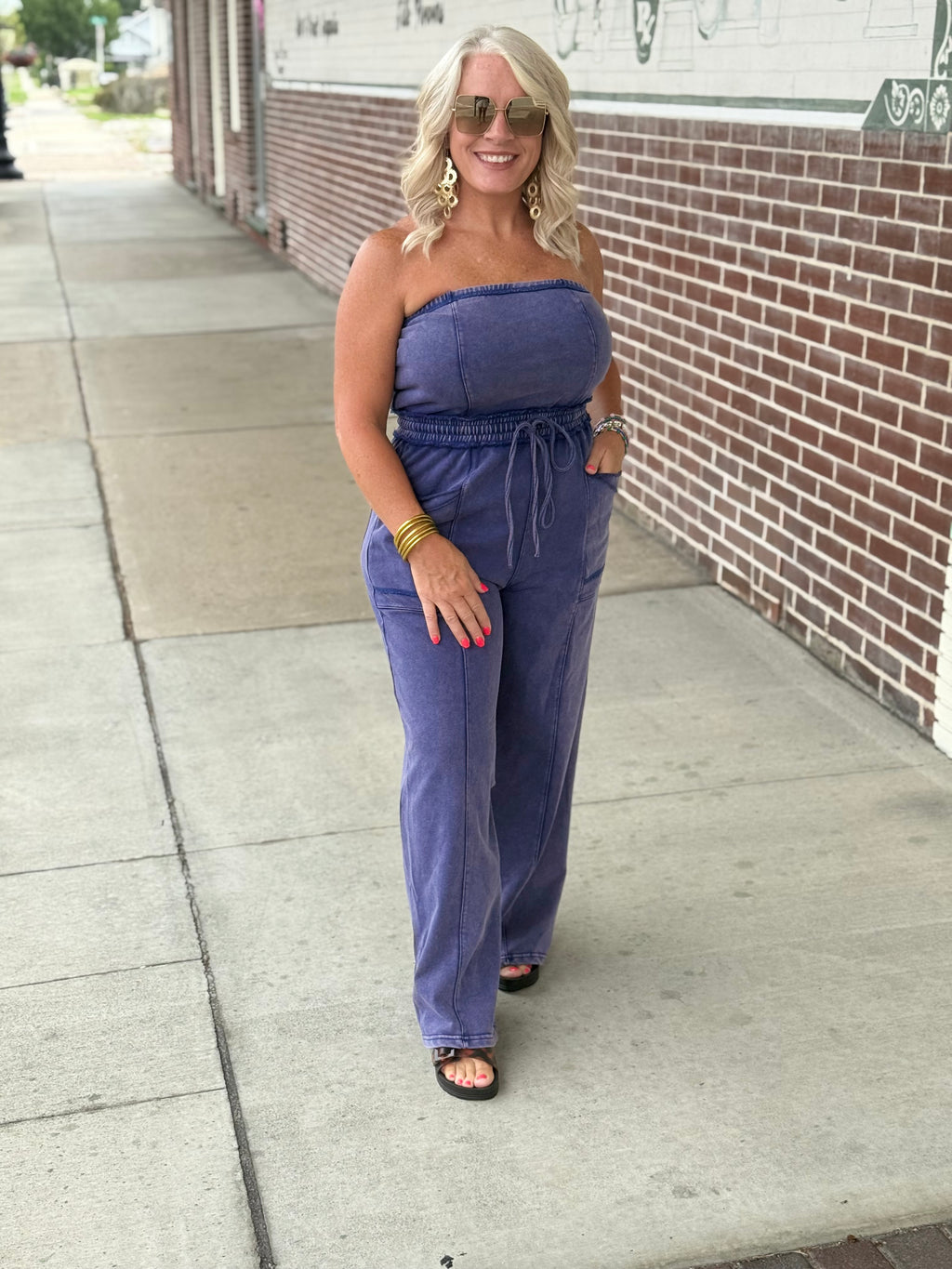 Washed Deep Navy Urban Strapless Jumpsuit