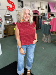 BURGUNDY Sleeveless Ruffle Neck Smocked Top