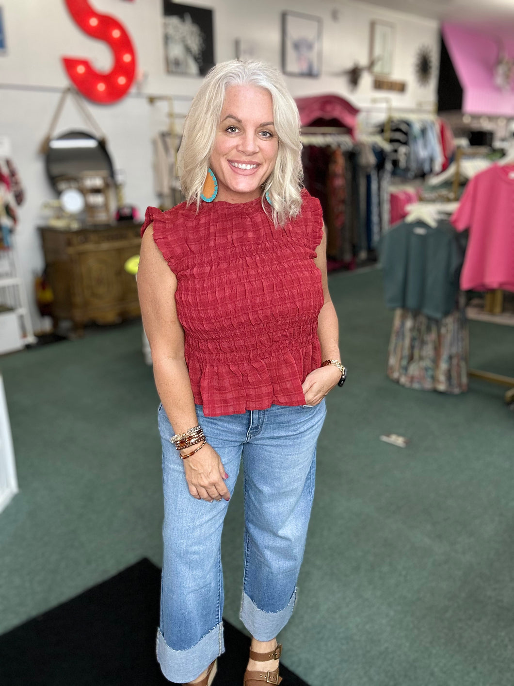 BURGUNDY Sleeveless Ruffle Neck Smocked Top