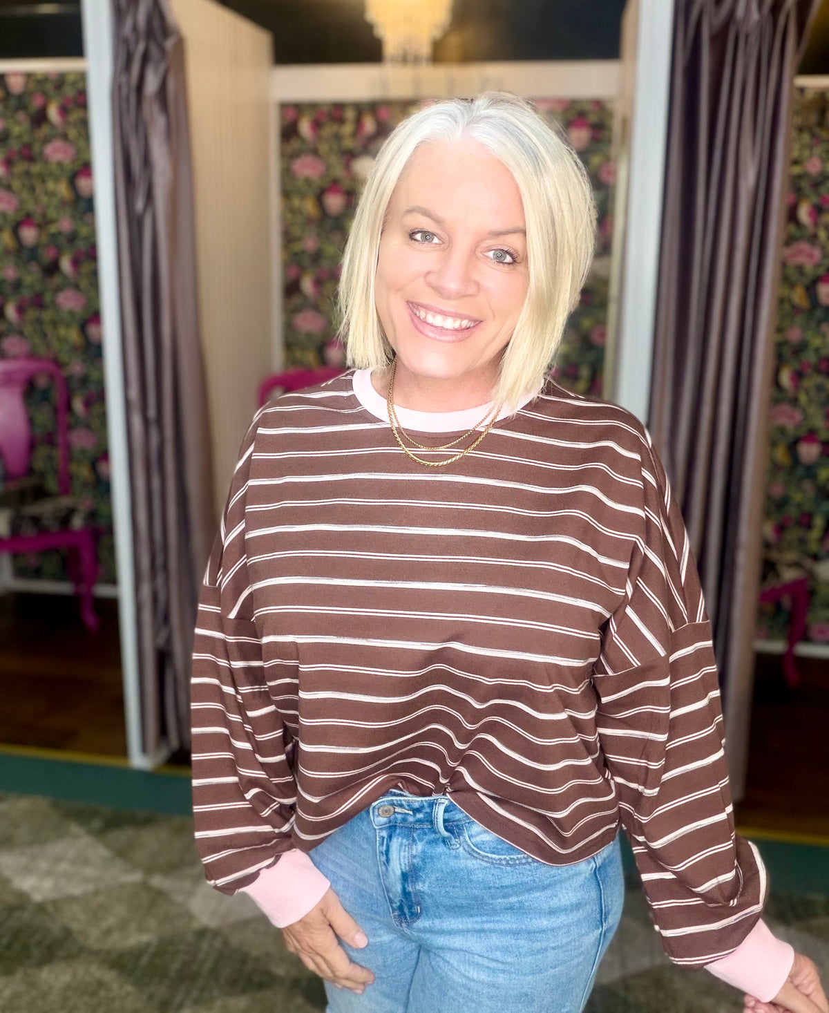 Brown and Baby Pink Striped Long Sleeve Top