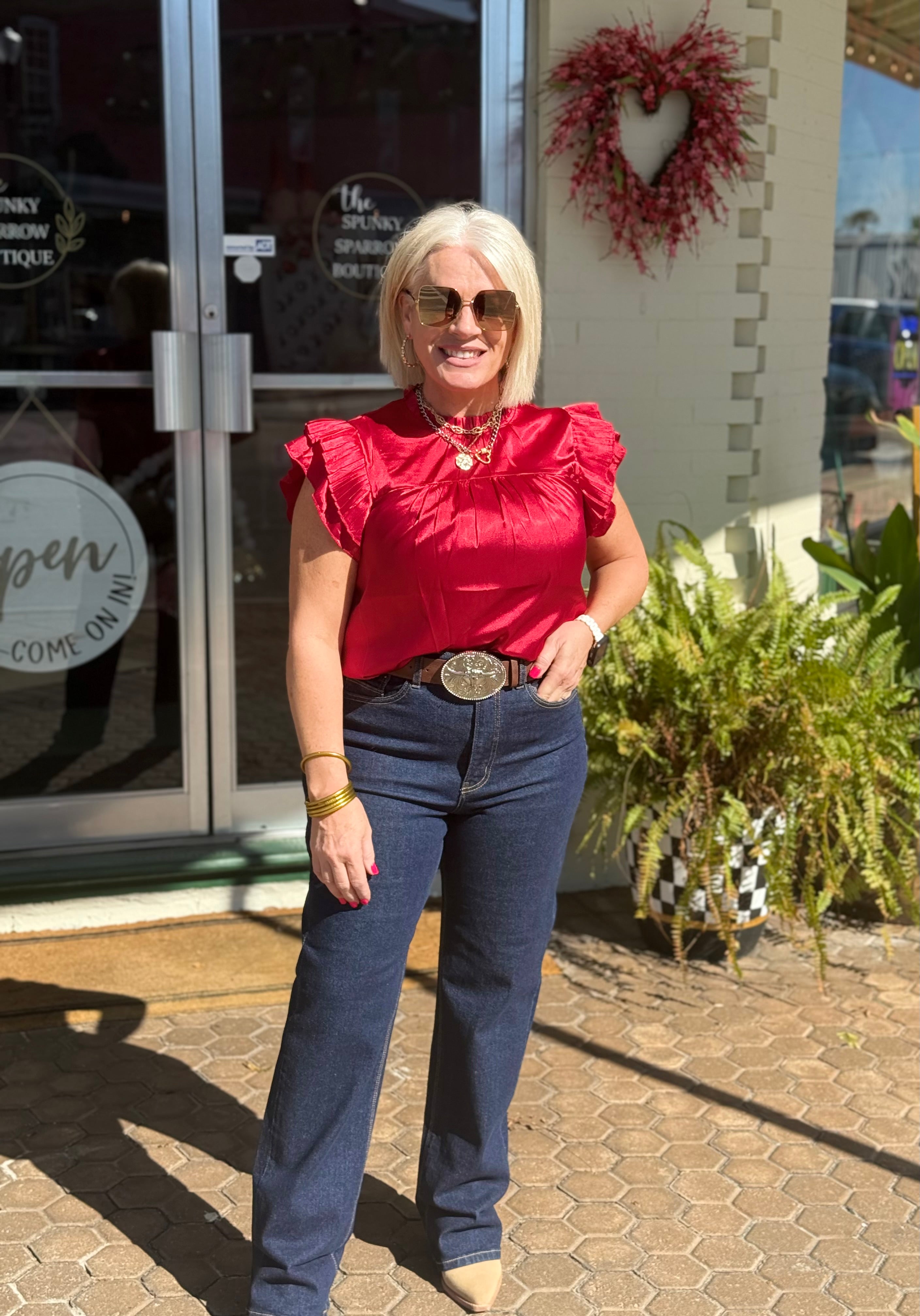 Red Satin Pleated Ruffle Sleeveless Top