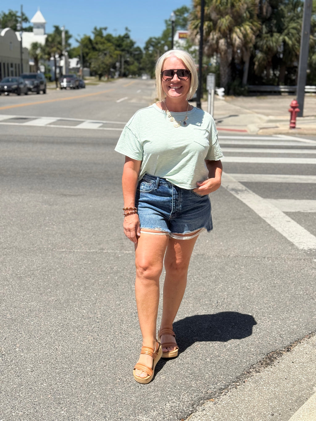 Dusty Mint Raw Edge Exposed Seam Short Sleeve Knit Crop Top