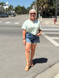 Dusty Mint Raw Edge Exposed Seam Short Sleeve Knit Crop Top