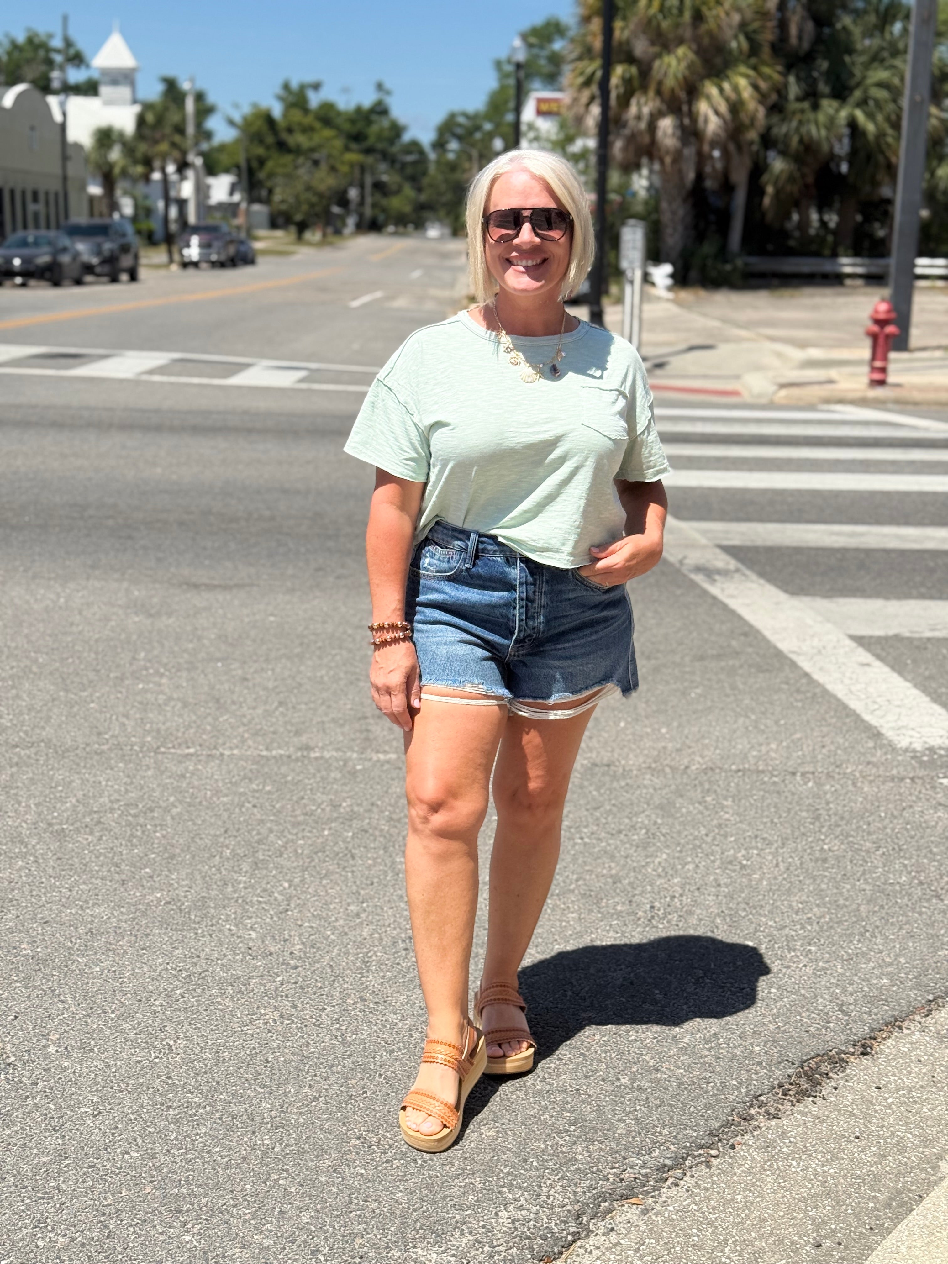 Dusty Mint Raw Edge Exposed Seam Short Sleeve Knit Crop Top