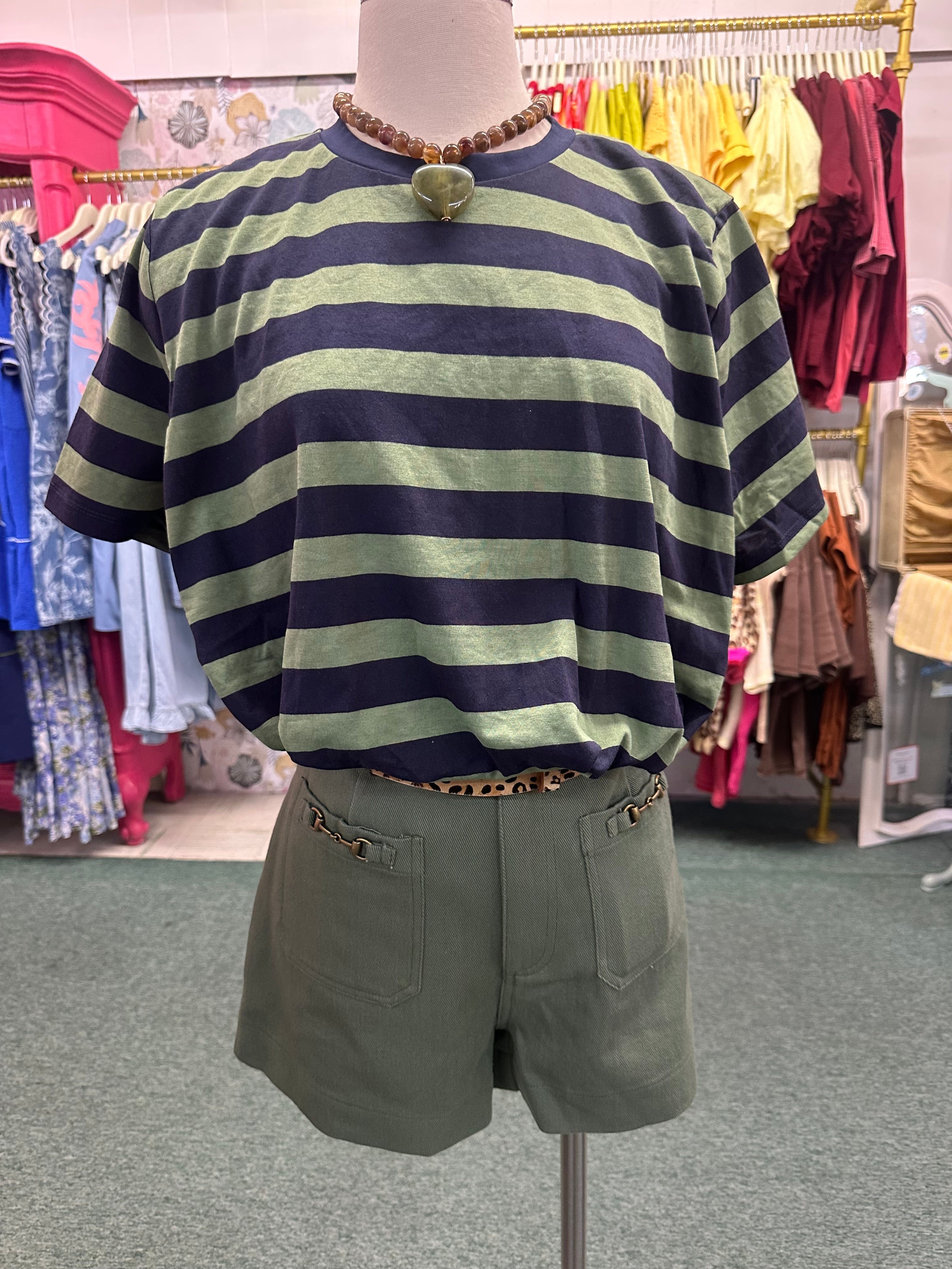 CROPPED BUBBLE STRIPE TOP IN NAVY + OLIVE