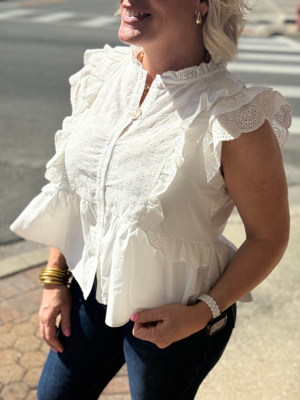 Off White Eyelet Button Down Peplum Top