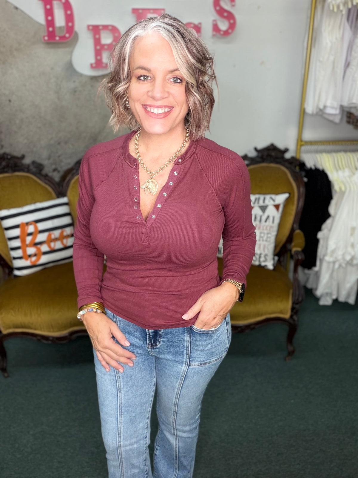 Rosewood Long-Sleeved Micro-Ribbed Henley Top