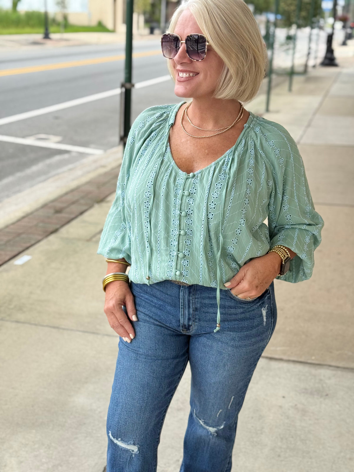 Sage Green Eyelet Embroidered Button Front Blouse