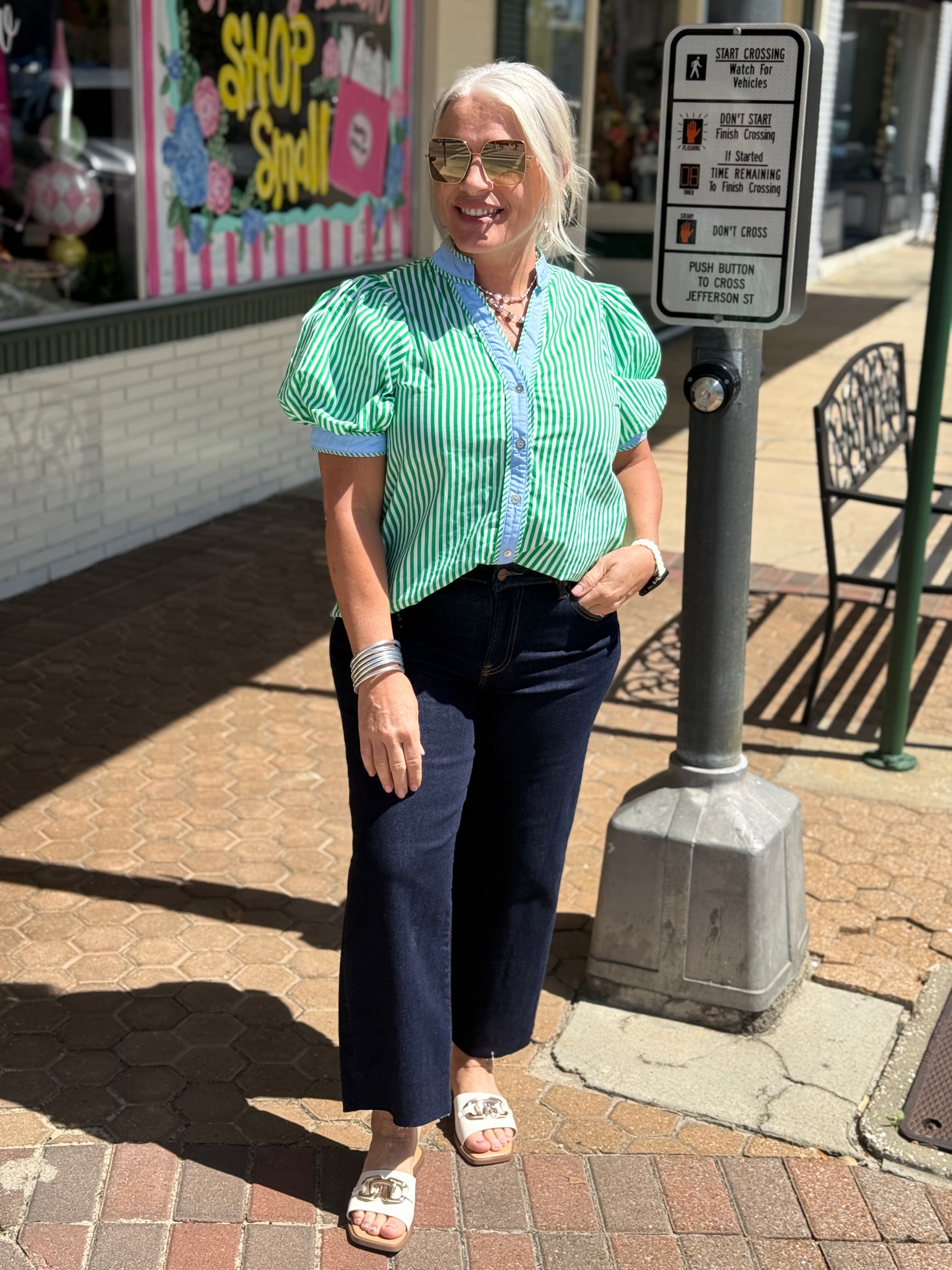 Contrast Stripe Puff Sleeve Top in Green