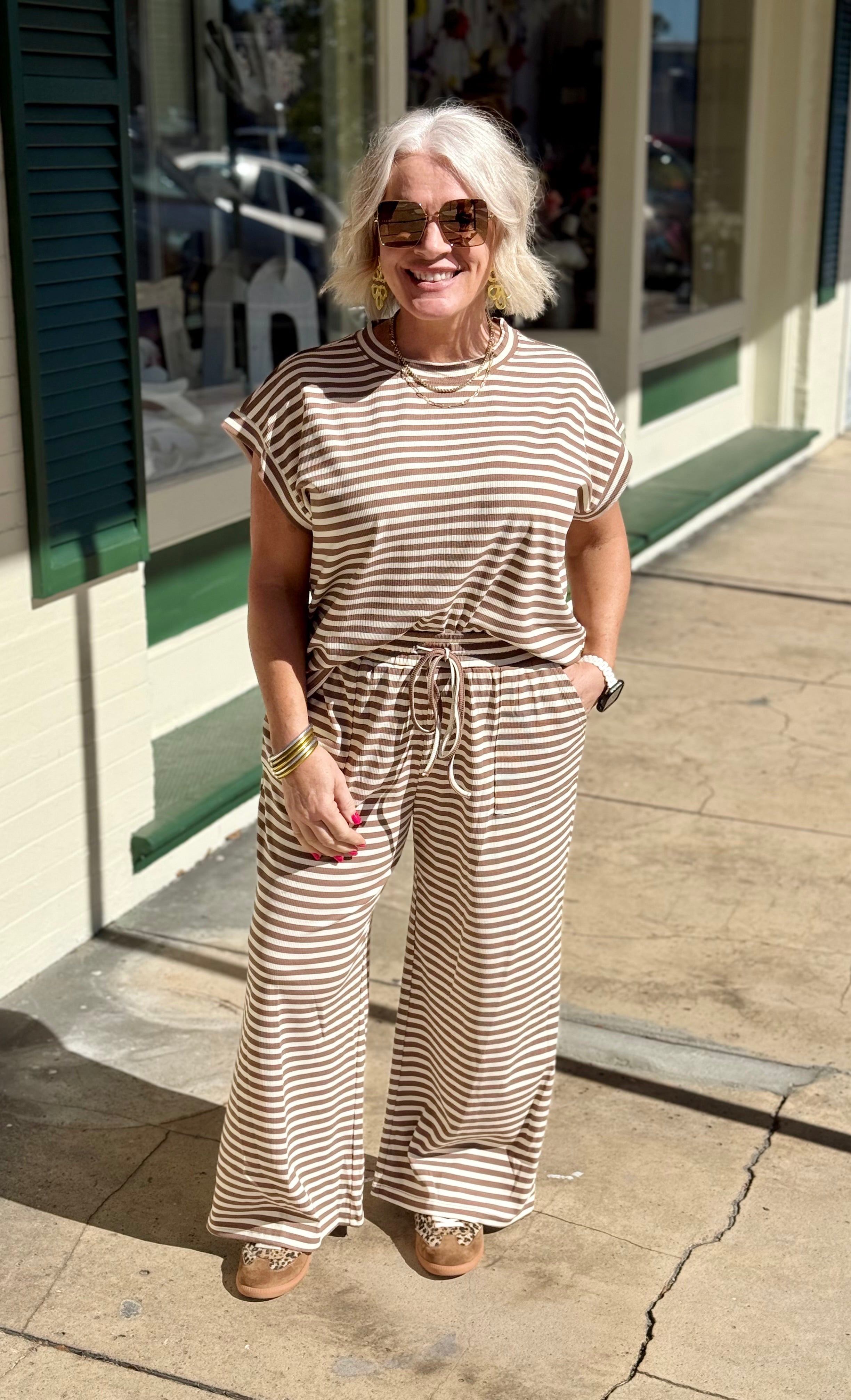Taupe and Cream Striped Rib Top and Pants Set