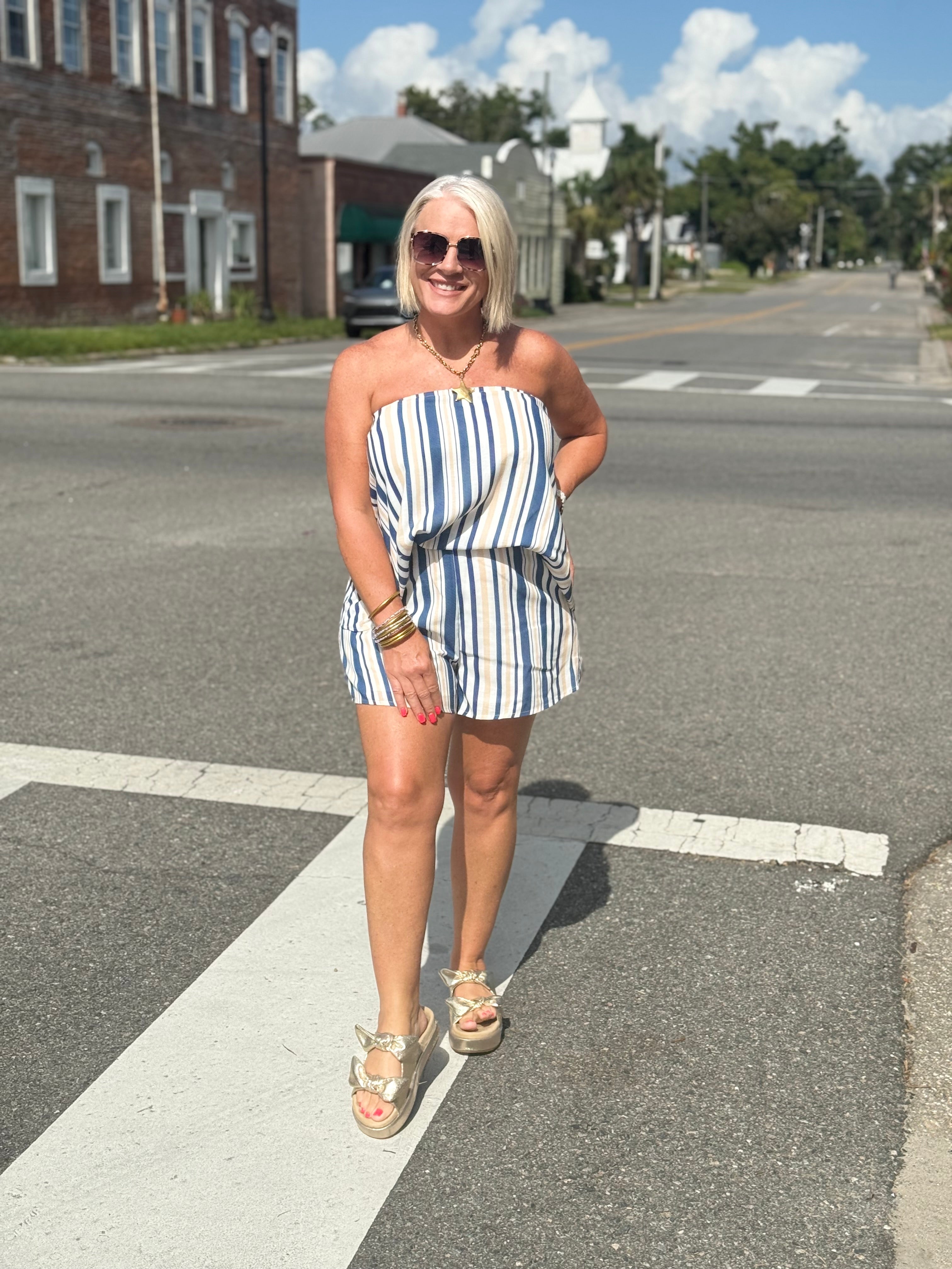Linen stripe shorts set