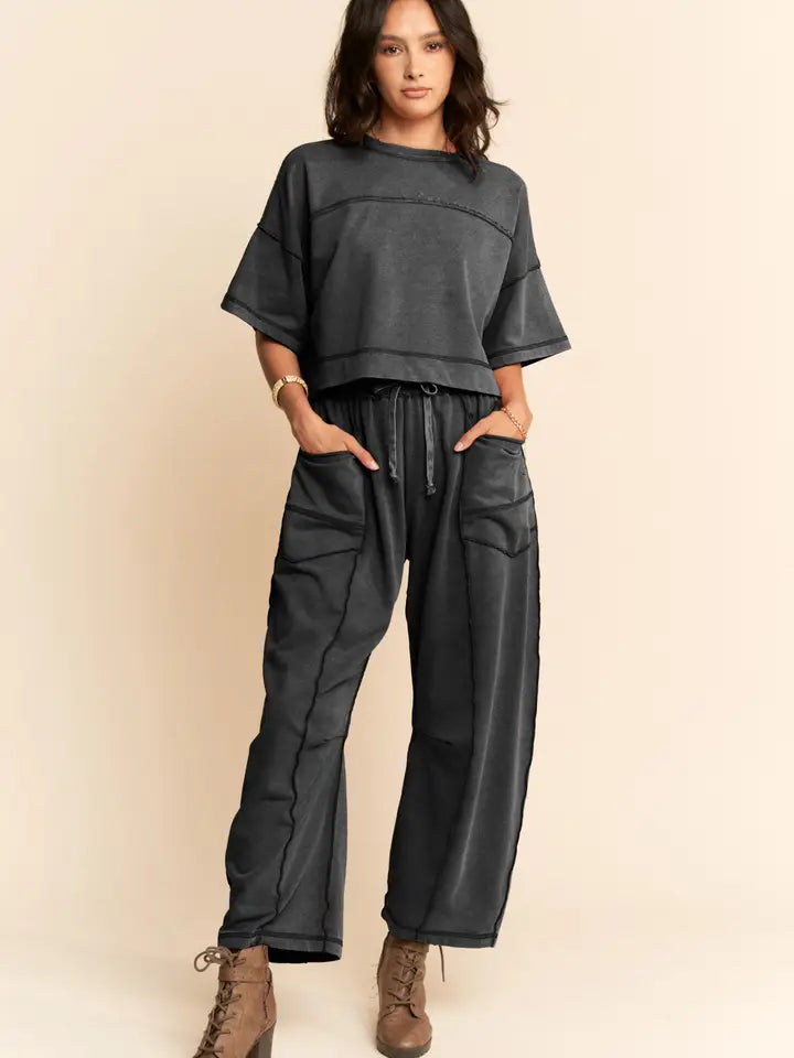 Black Mineral Washed Exposed Barrel Pants Set