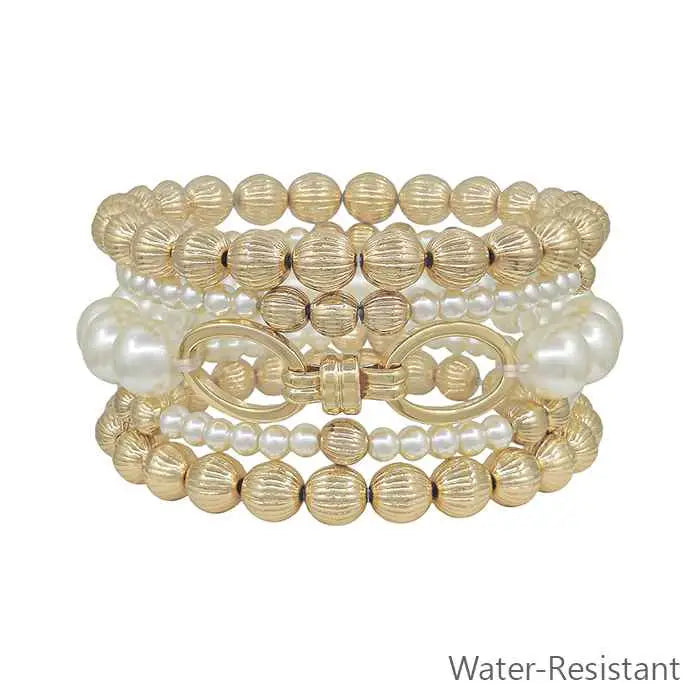 Water Resistant Set of 5 Gold and Pearl Textured Beaded and Chain Stretch Bracelets