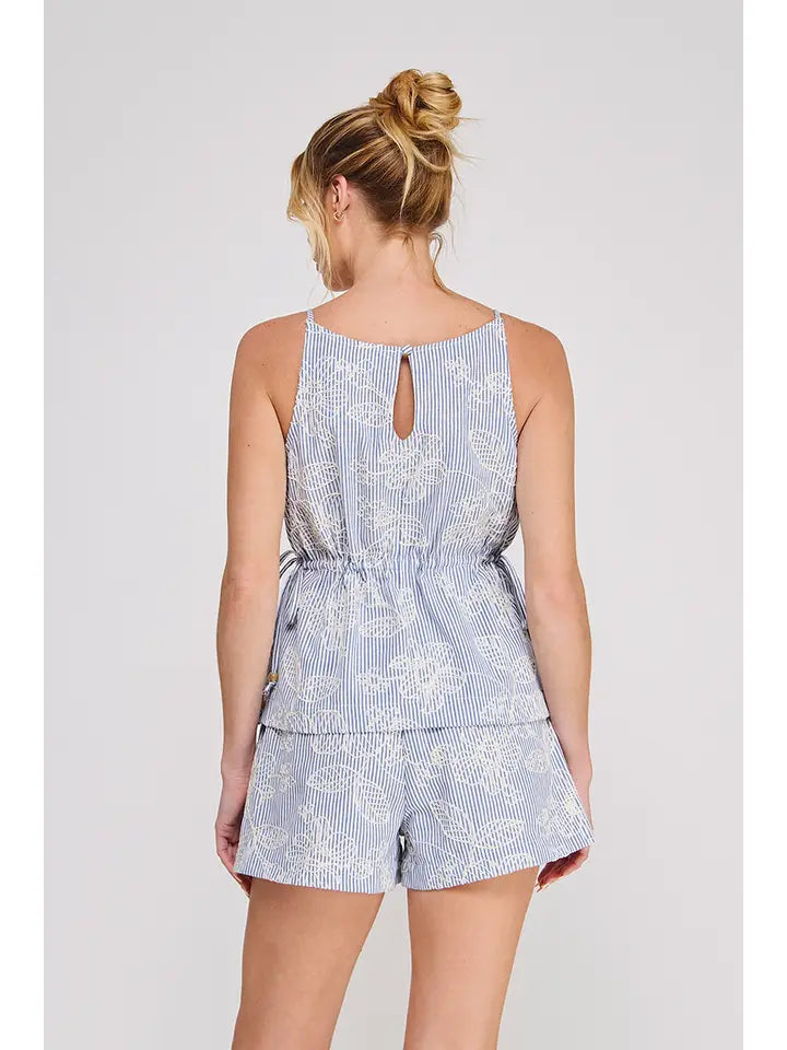 Embroidered Stripe Spaghetti Top and Shorts Set