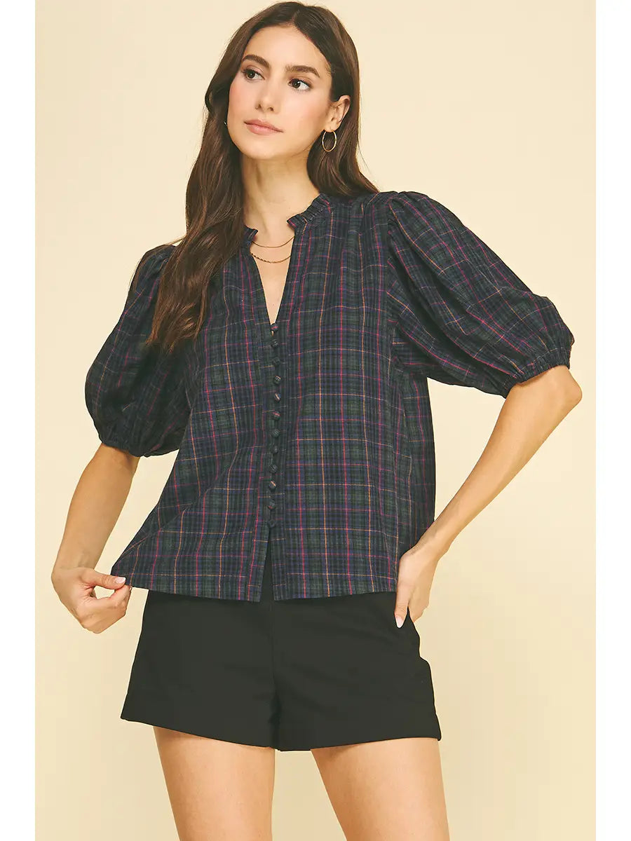 Navy Plaid Puff Sleeve Blouse