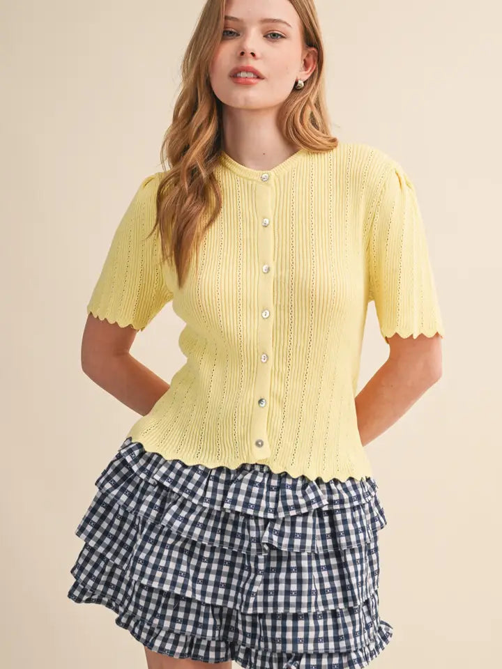Butter Yellow Scalloped Pointelle Short Sleeve Knit Cardigan